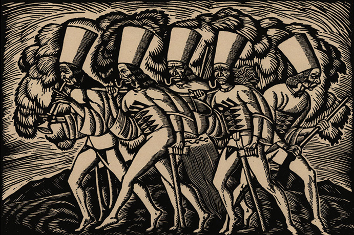 Czarno-biały drzeworyt. Sześciu stylizowanych mężczyzn w historycznych g&oacute;ralskich strojach 
maszeruje. Mają wysokie nakrycia głowy, wzorzyste szaty i kije. Dynamiczne tło z grubymi 
konturami i mocnymi kontrastami.